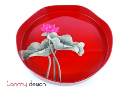 Red round lacquer tray hand-painted with pink lotus/ Size 33cm